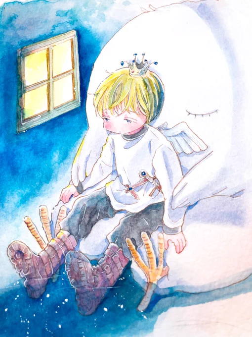 なぜか男の子の絵って寂しい感じが多いですね…もうちょっとイエロー足して完成とします。ヒカリと闇…  