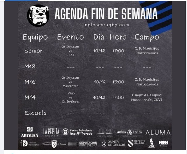 Os Ingleses Rugby Club (@club_ingleses) on Twitter photo Hoy tenemos rugby!!
Los M14 se desplazan a jugar con <a href="/VigoRugbyClub/">Vigo Rugby Club</a> mientras los M16 reciben en #Fontecarmoa a <a href="/mareantes/">Mareantes R.C.P.</a> y después los senior a <a href="/CRAT1976/">C.R.A.T. A Coruña</a>
Así que ya sabes pásate a animar
#AzulYNegro #RugbyEnVilagarciaDesde1988 #rugbyenvilagarcia <a href="/RugbyGalicia/">Galicia Rugby</a> Hoy tenemos rugby!!
Los M14 se desplazan a jugar con <a href="/VigoRugbyClub/">Vigo Rugby Club</a> mientras los M16 reciben en #Fontecarmoa a <a href="/mareantes/">Mareantes R.C.P.</a> y después los senior a <a href="/CRAT1976/">C.R.A.T. A Coruña</a>
Así que ya sabes pásate a animar
#AzulYNegro #RugbyEnVilagarciaDesde1988 #rugbyenvilagarcia <a href="/RugbyGalicia/">Galicia Rugby</a>