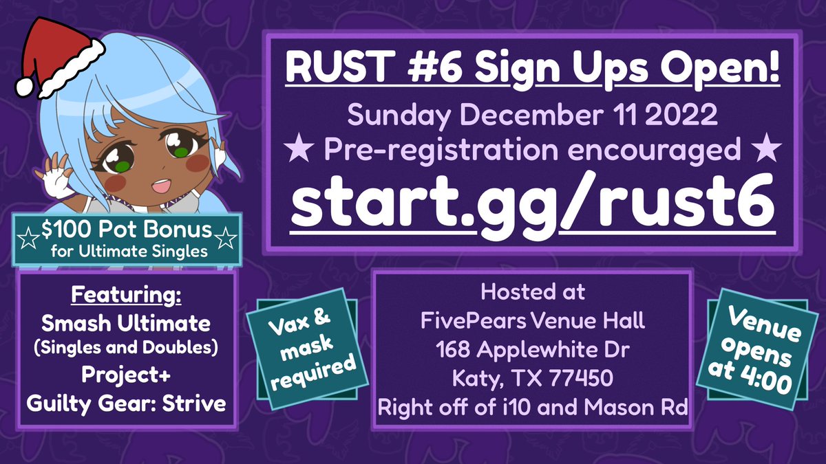 EagleRoseGaming's tweet photo. Tomorrow is RUST 6! sign ups are open until the hour before each event starts :) 
Tell your friends!
Ultimate doubles!
$100 pot bonus for ultimate singles!
(Top 8 payout if we get 33 entrants for ultimate singles!)
Guilty Gear: Strive! 
Project+ !!!!!
See y'all there :) https://t.co/VxzBb9JmU0