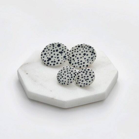 New Item Listed on Etsy Black &amp; White Polka Dot porcelin stud earrings by asensiblehabit