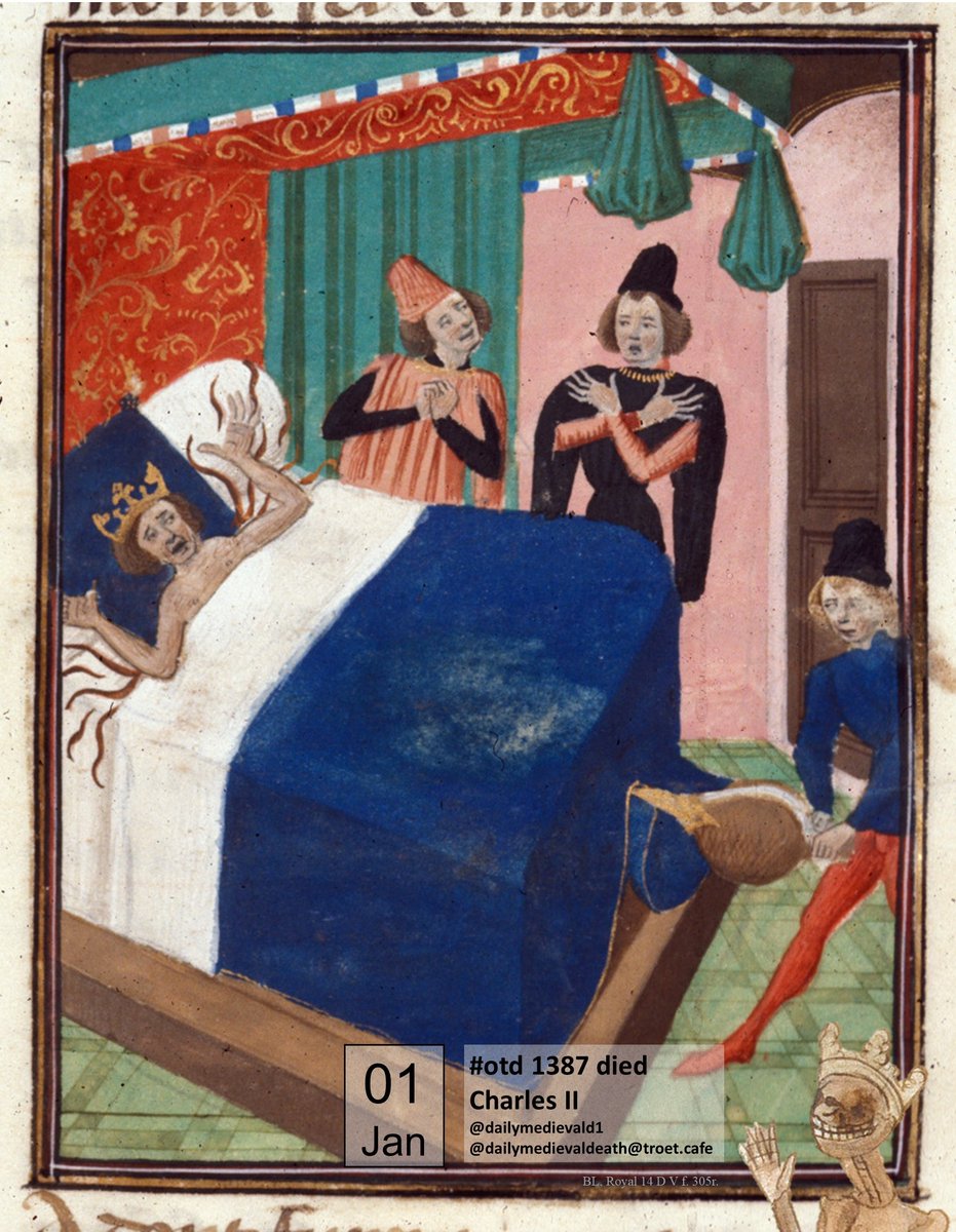 dailymedievald1's tweet photo. A treatment gone wrong: #otd 1387 Charles II, called 'the Bad', of Navarre died. He is said to have had himself stitched in wine-soaked cloths every evening to cure an illness. However, these caught fire... #medievaldeath #medievaltwitter

Ms.: BL, Royal 14 D V f. 305r. https://t.co/HDIaot208E