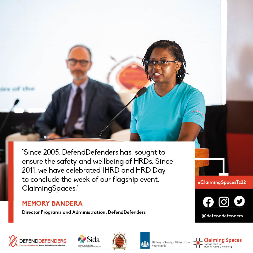 DefendDefenders's tweet photo. Memory Bandera, our Director of Programmes and Administration, highlights the mandate of DefendDefenders, its advocacy work, and the importance of #ClaimingSpaces. 

#ClaimingSpacesTZ22 #IHRD2022 #IHRDDay22 https://t.co/scEB1PJfH3