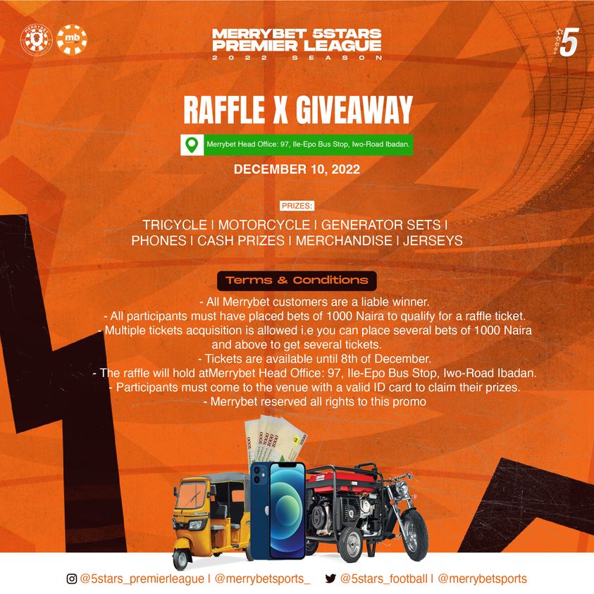 Champs, the #Merrybet5Stars RAFFLE X GIVEAWAY day is here! 🤩

Come out to participate in this event. Amazing cash prizes including a tricycle (keke) are up for grabs.🤑

🕰️: 11am

merrybet.com ...where Champions play!!!🧡

#Merrybet #whereChampionsplay