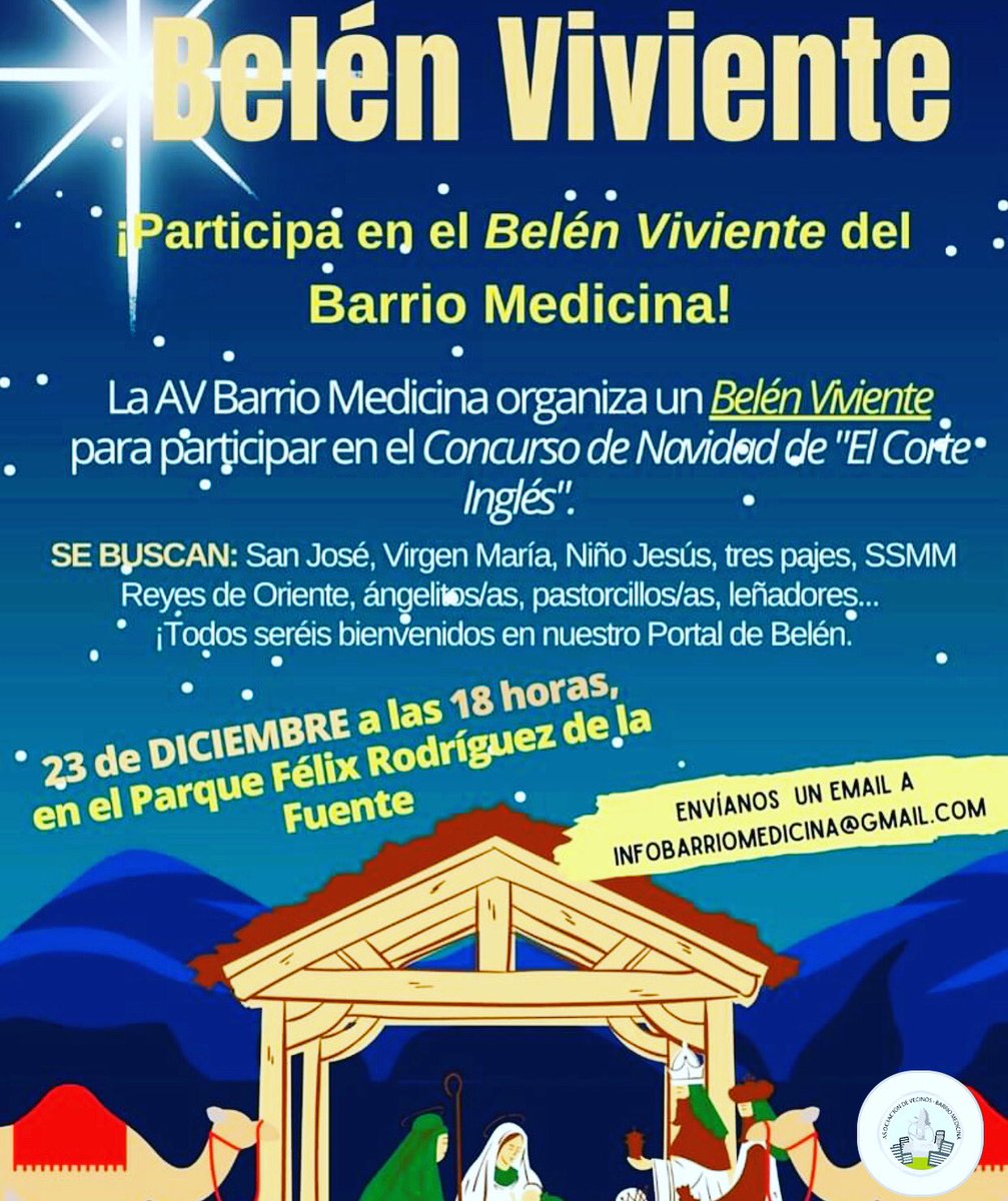 <a href="/BARRI0MEDICIN4/">AV BARRIO MEDICINA</a> 
Participa en nuestro #BelénViviente el 23 de diciembre en el Barrio Medicina. 
Si quieres formar parte de este Belén, envíanos un email a infobarriomedicina@gmail.com