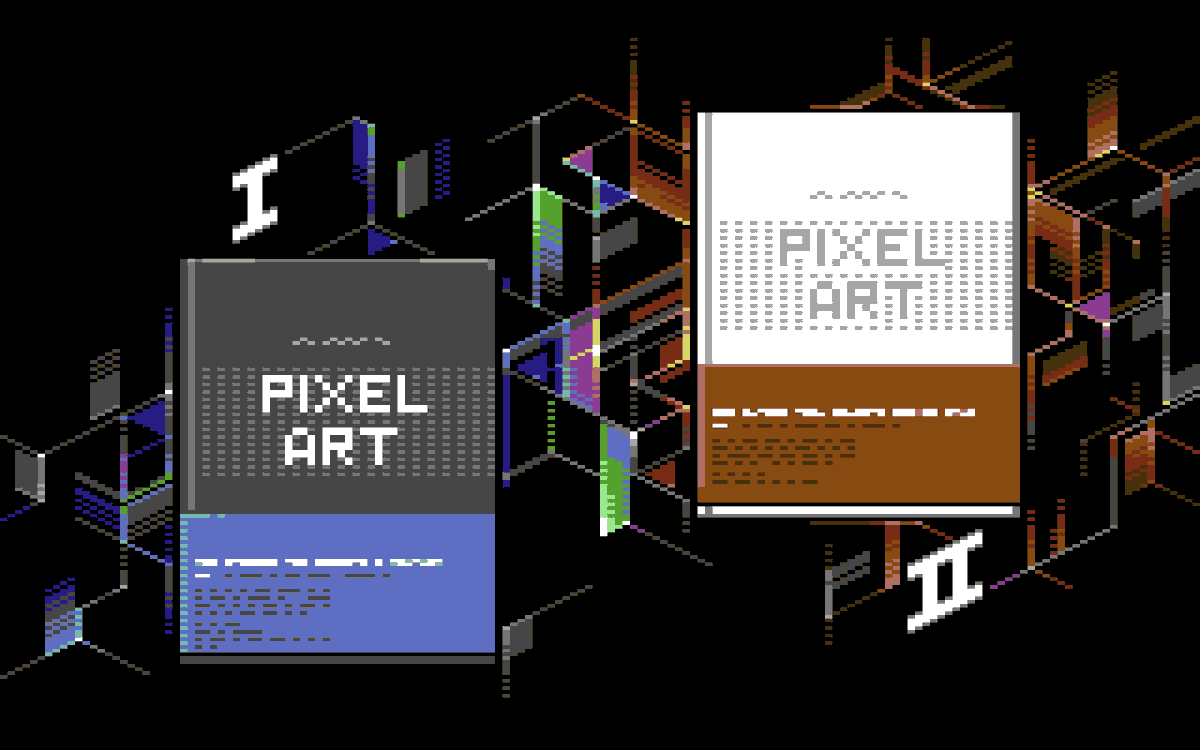 "The Masters of Pixel Art" (2016). 16 colours, 160x200 pixels interlace, #C64 multicolor 💛💙❤️ Illustration for the C64 intro "Announcetro" csdb.dk/release/?id=15…, for the upcoming #artbook <a href="/MastersPixelArt/">TheMastersOfPixelArt</a> vol 2 &amp; it's #Kickstarter campaign. #pixelart #retrocomputer #8bit