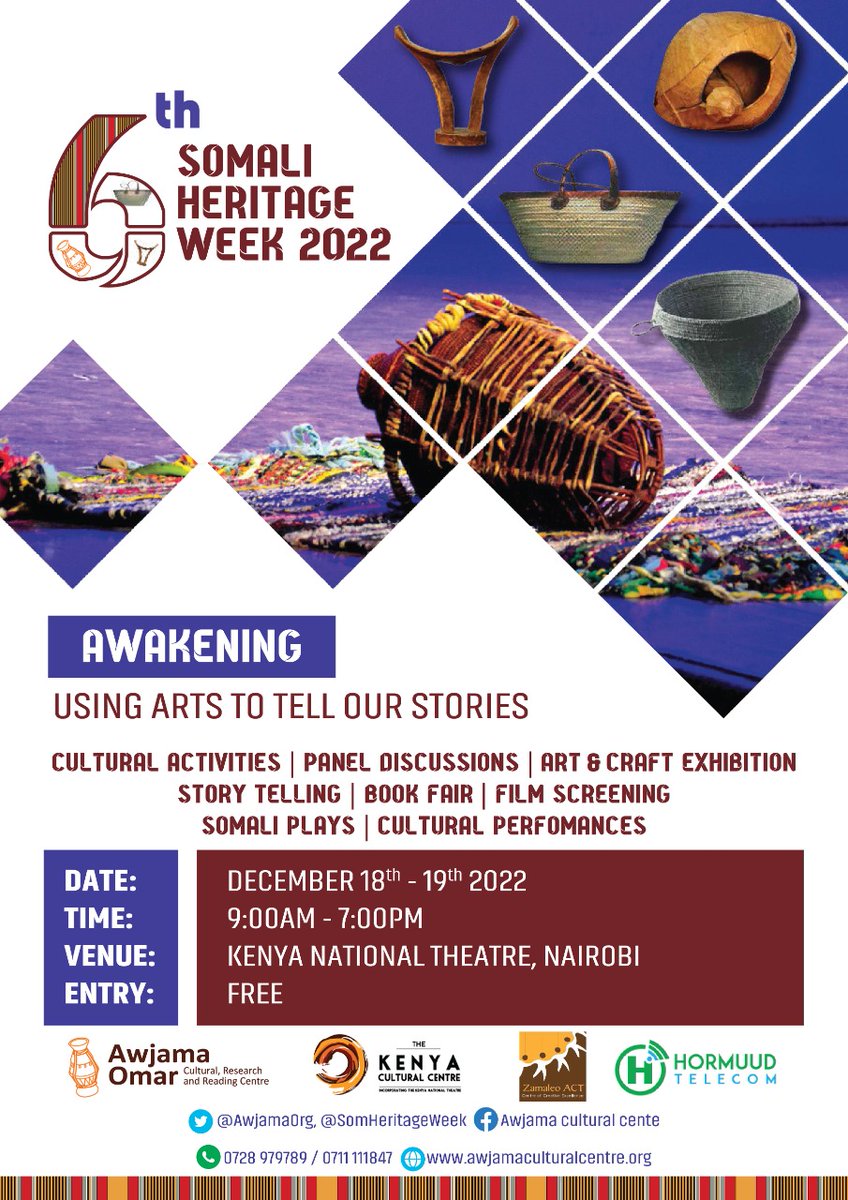 NEW DATES AND VENUE ALERT‼️‼️‼️
More than 2000 AUDIENCE CONFIRMED.
New Dates: 18th and 19th Dec 2022
Venue: Kenya National Theatre
#SHW2022 #Somali  #Heritage