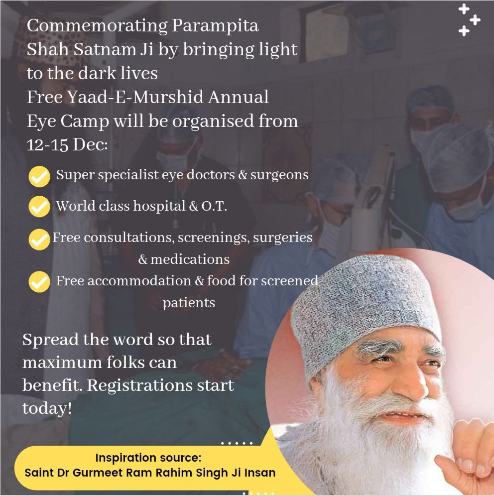 Guragam6's tweet photo. If anyone has problem with eyes its a chance to get free treatment as #FreeEyeCamp is going on at @DSSNewsUpdates Sirsa in remembrance of Shah Satnaam Singh ji maharaj. Great hospitality will be given to all patients. https://t.co/jd6N9NgIp5