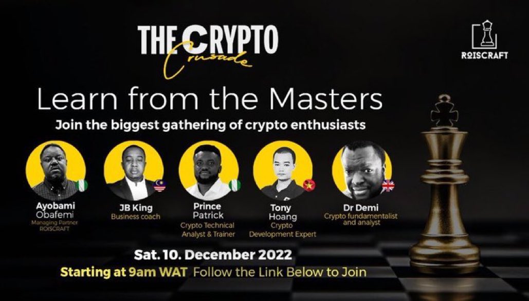 njamasi_'s tweet image. Learn from experts on how to trade crypto without losing money, join the free webinar &apos;The Crypto Crusade&apos; today by 9am and thank me later. #LearnFromTheMasters
