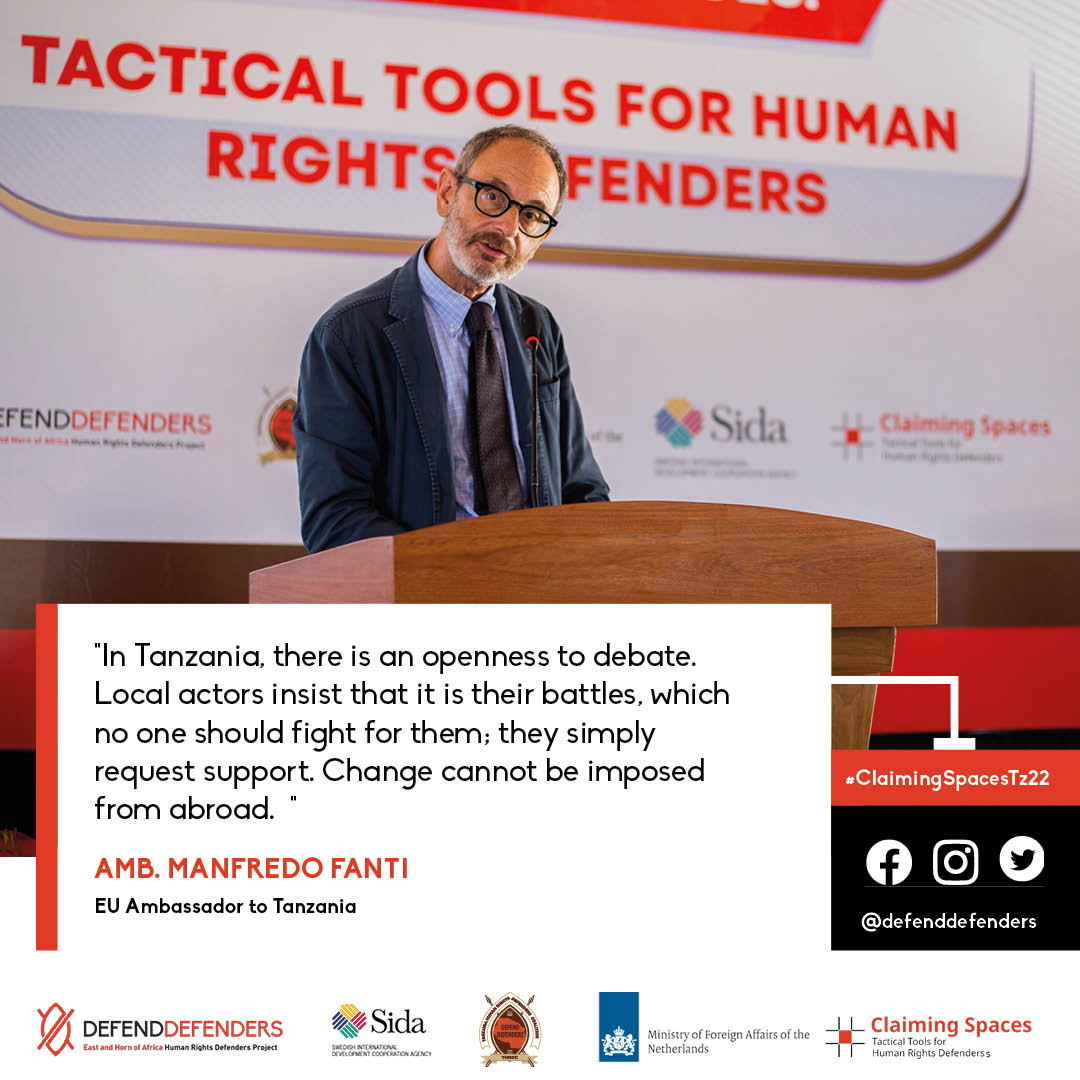 DefendDefenders's tweet photo. Marcel Akpovo of @UNHumanRights and H.E. Amb. Manfredo Fanti of @EUinTZ at #ClaimingSpacesTZ22 / #IHRDDay22.

#ClaimingSpaces #IHRD2022 #Tanzania @OlengurumwaO https://t.co/bToR14T0tw