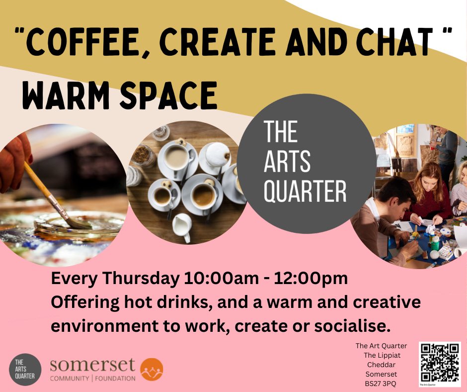 We are proud to announce we have been given warm space investment. Offering hot drinks,and a warm and creative space to work, create and socialise. <a href="/CheddarPC/">Cheddar Parish Council</a>