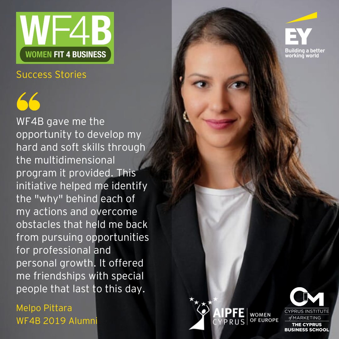 EY_Cyprus's tweet photo. Women Fit for Business (WF4B) Cyprus alumni shared their success stories.
#EYCyprus, AIPFE Cyprus and the Cyprus Institute of Marketing are re-launching the successful initiative WF4B for free by application only.

Apply today by sending your CV and cover letter to info@aipfe.com https://t.co/RAA07mT0Ss