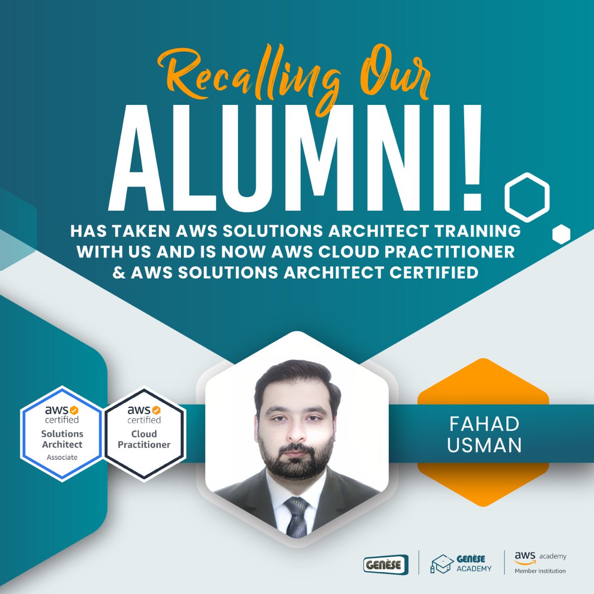 GeneseCloud's tweet photo. With immense pleasure we would like to introduce you to one of our brilliant Alumni, Mr. Fahad ,AWS Cloud Practitioner and AWS Solutions Architect Certified. 

#awscertification #awscertified #aws #amazon #successstory #sucess #awscloudpractitioner #geneseacademypakistan https://t.co/82FpNNIoD9