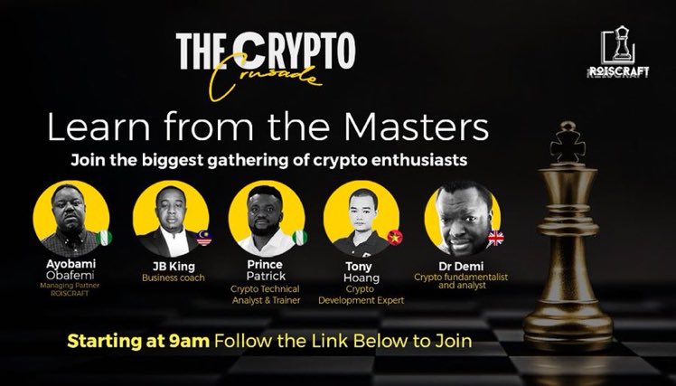 badboydems_'s tweet image. This is an amazing opportunity to learn  how to trade crypto without losing your money.
Join us on this free webinar &apos;The Crypto Crusade&apos; on the 10th of December.
Come, let&apos;s #LearnFromTheMasters