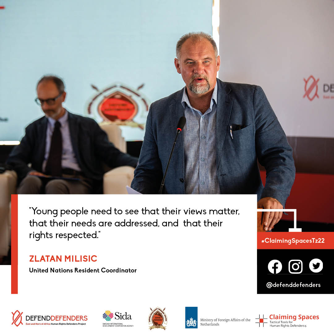 DefendDefenders's tweet photo. Zlatan Milisic, UN Resident Coordinator in #Tanzania, on the importance of human rights, including for youth.

#ClaimingSpacesTZ22 #IHRDDay22 #ClaimingSpaces #IHRD2022 https://t.co/nhAoHP4LIv