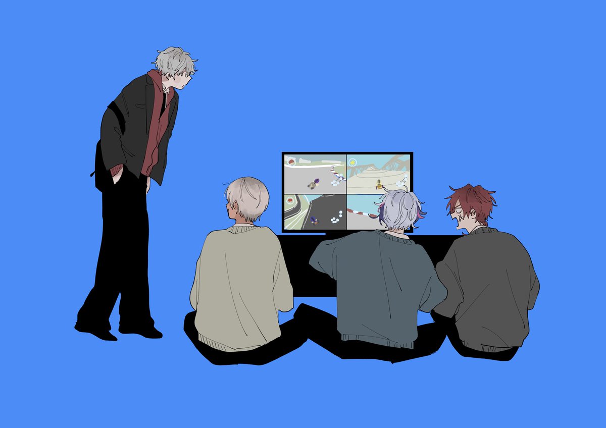 kuzuha (nijisanji) multiple boys male focus red hair grey hair sitting jacket blue background  illustration images