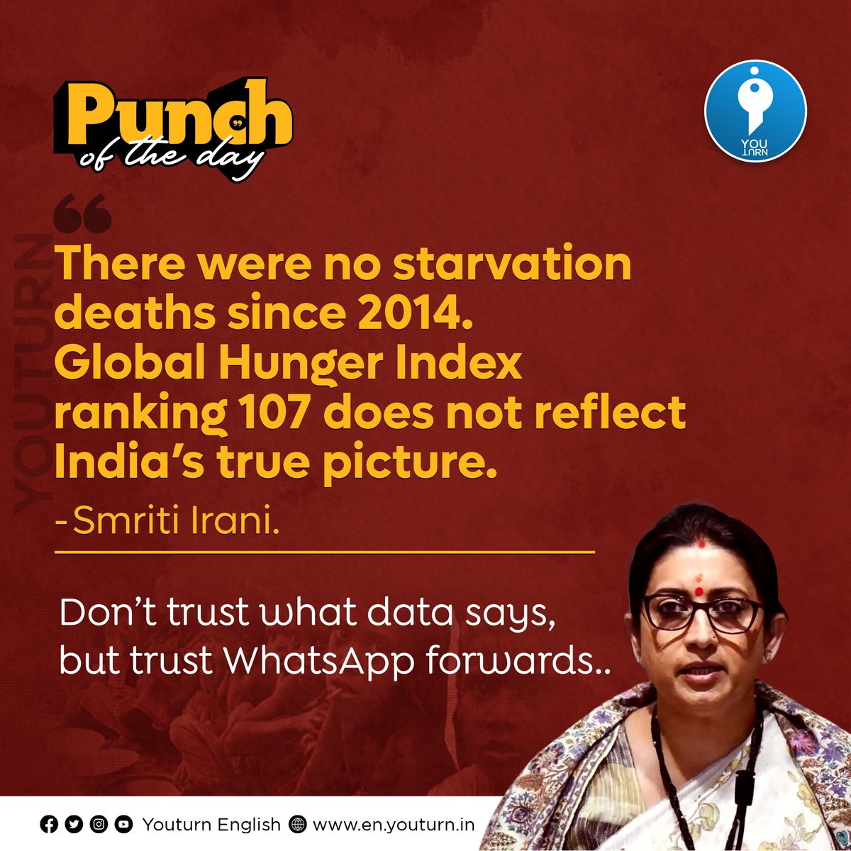 Youturn_media's tweet photo. #Punchoftheday | Don’t trust what data says, but trust WhatsApp forwards..
Become a Youturn Supporter: https://t.co/6cvL9bp392
#Youturn | #SmritiIrani | #HungerIndex | #HungerDeath https://t.co/b0pBiZRo98