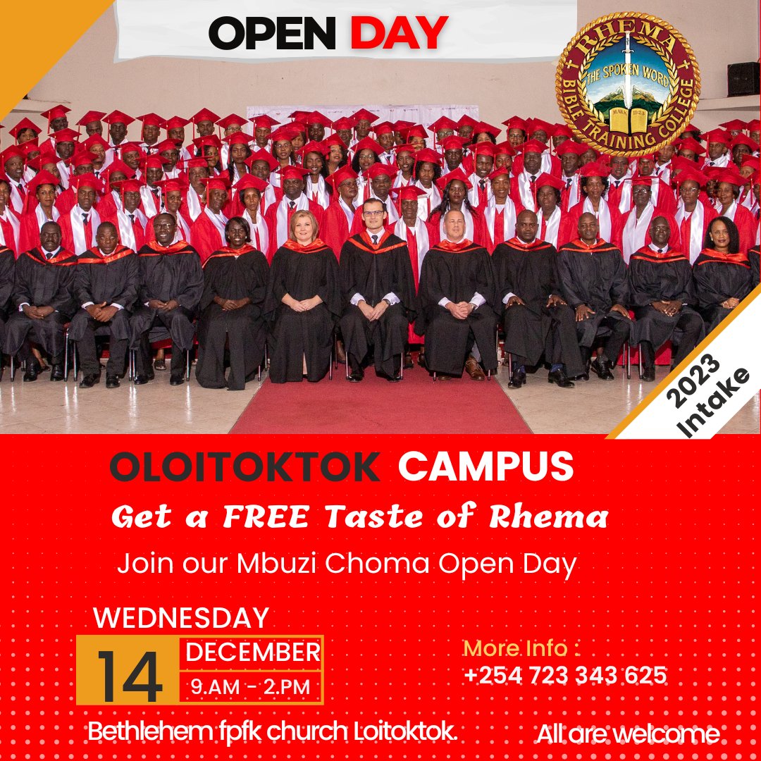 RBTCKenya's tweet photo. Here is another opportunity for you to taste the #Rhema DNA!!! 
#RhemaKenya Oloitoktok campus invites you to a FREE in-person open day and goat eating fellowship on Wednesday, December 14. All are welcome.
#Growingupspiritually #InHimRealities  #2023Intake #Sharewidely https://t.co/hgtdmLfAOK
