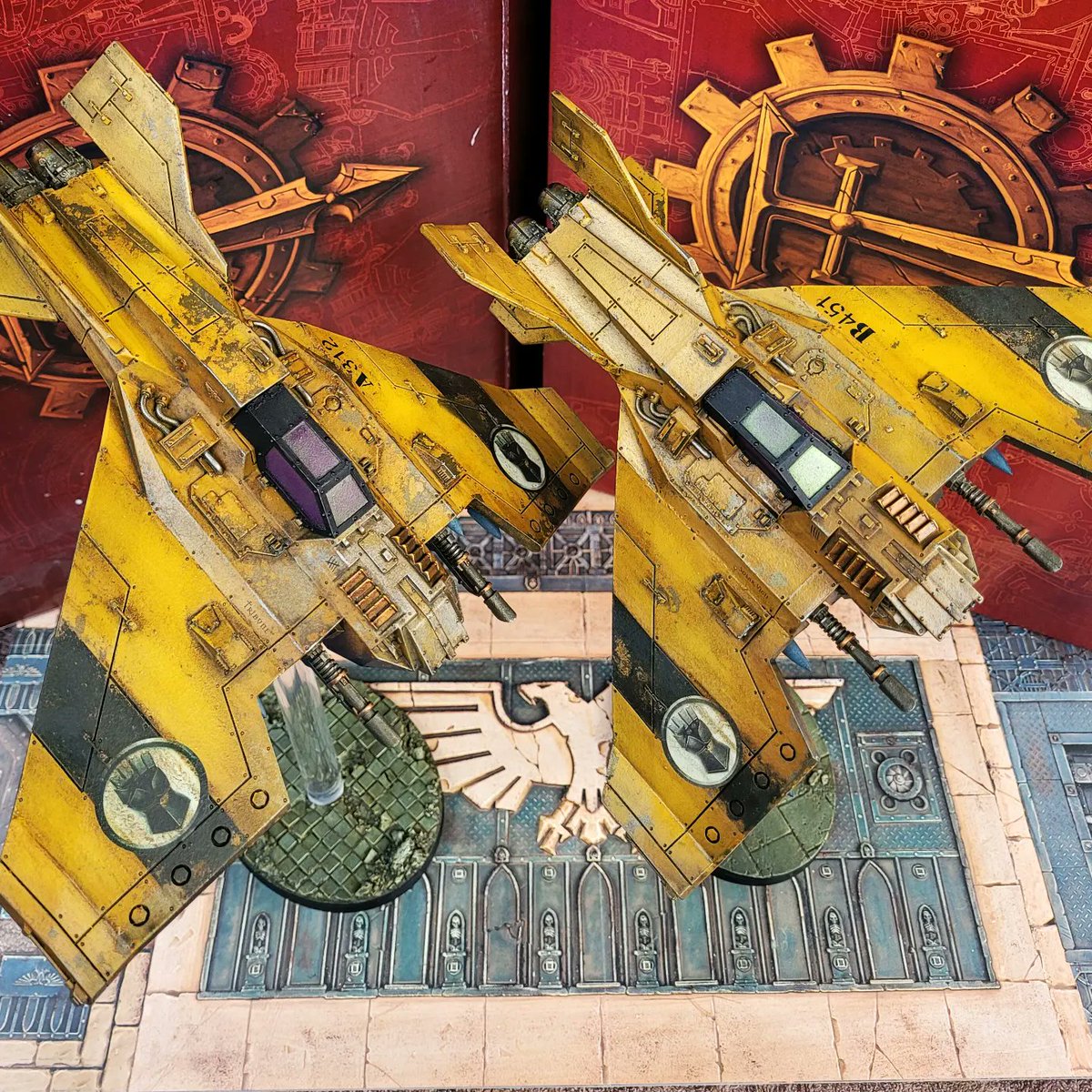 SimonWi56585058's tweet photo. Finished these in time for Xmas,  i know they've been nerfed in 2.0 but they still my favourite flyers.#WarhammerCommunity #imperialfists #horusheresy https://t.co/xrPCM1nrdG
