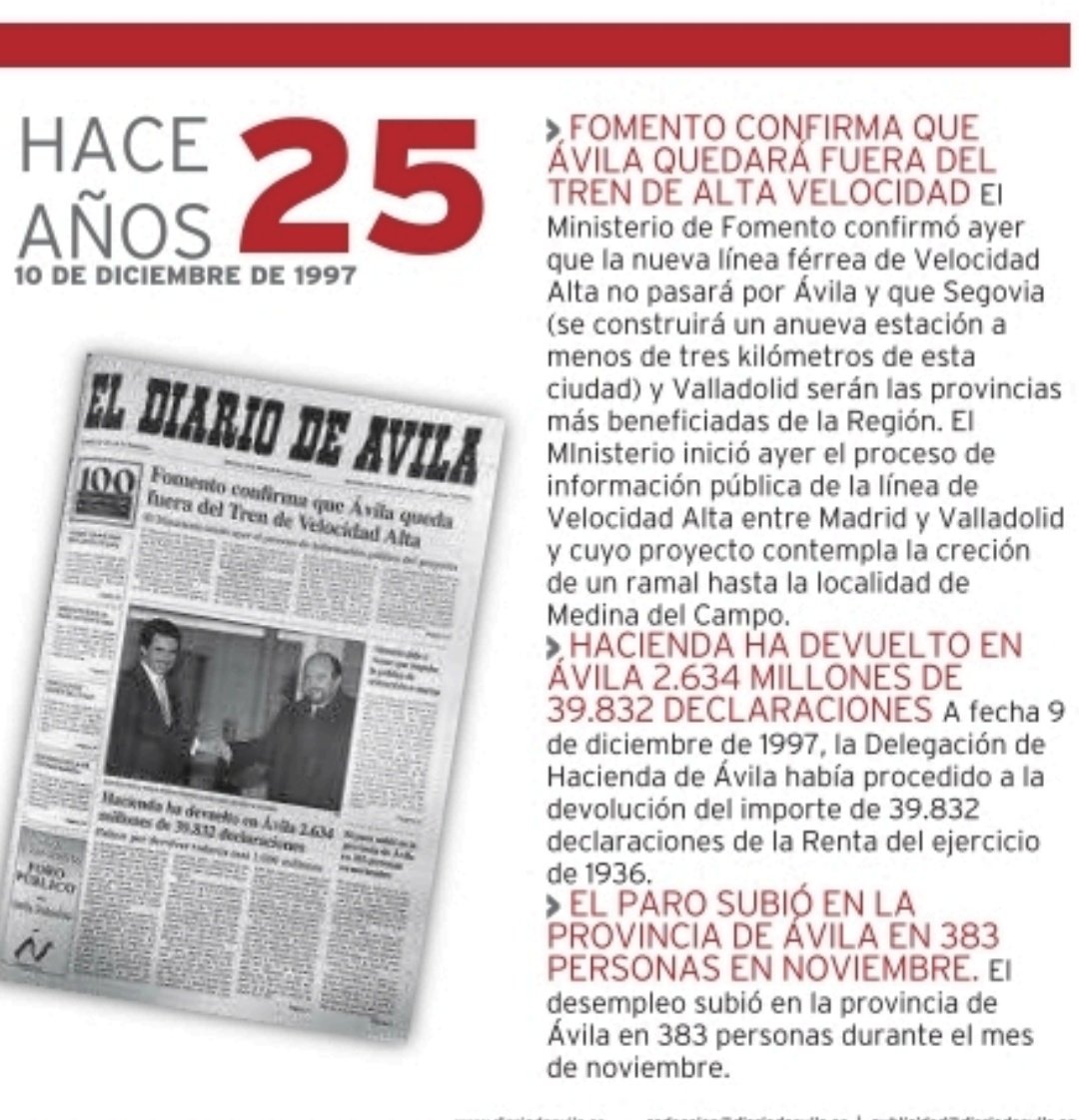 javier_hernpei's tweet photo. Ya han pasado 25 años desde que Acebes y Aznar dejaron a Ávila sin AVE. https://t.co/jXWVf2kLM5