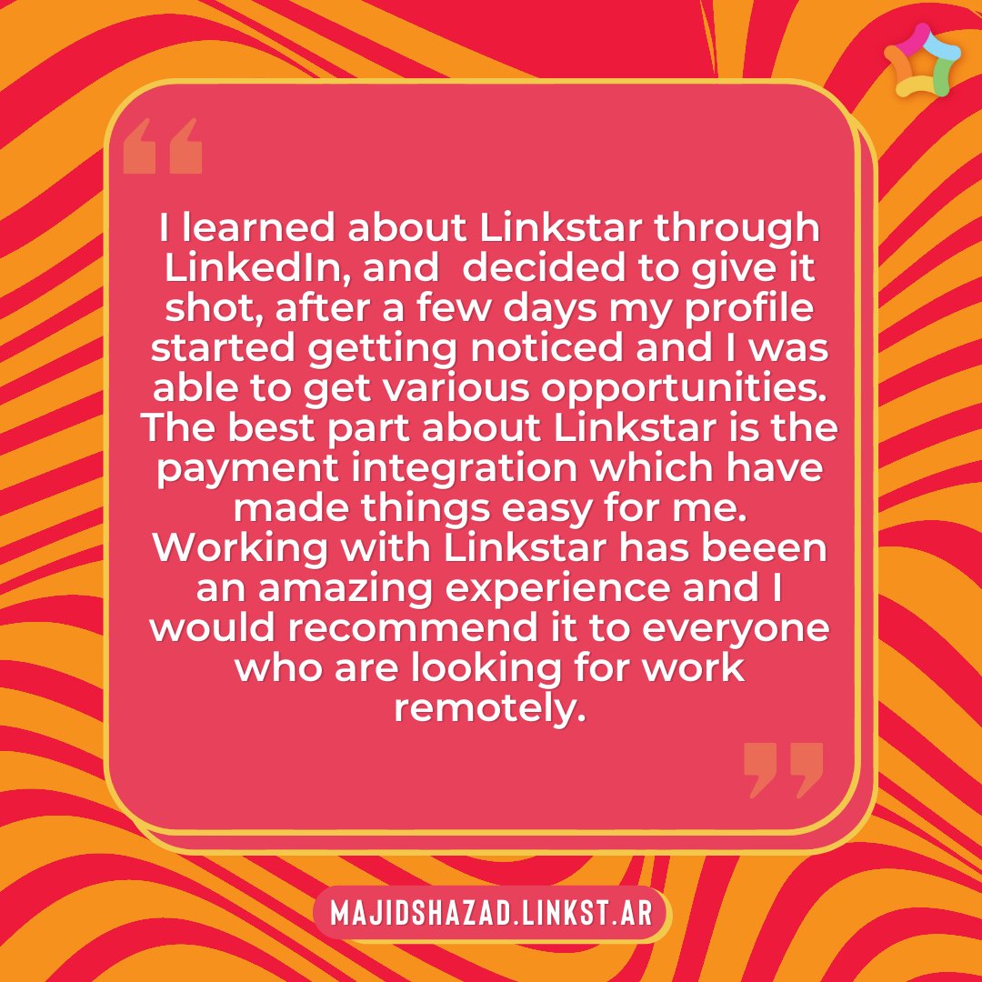Meet Majid Shazad, a graphic designer who can turn your visions into mesmerizing artworks!
Check out his Linkstar Site: lnkd.in/eH7RRWhu

Reach us out on linkst.ar/discover to hire top talent today.
#Linkstar #Linkstaroftheweek #opportunities