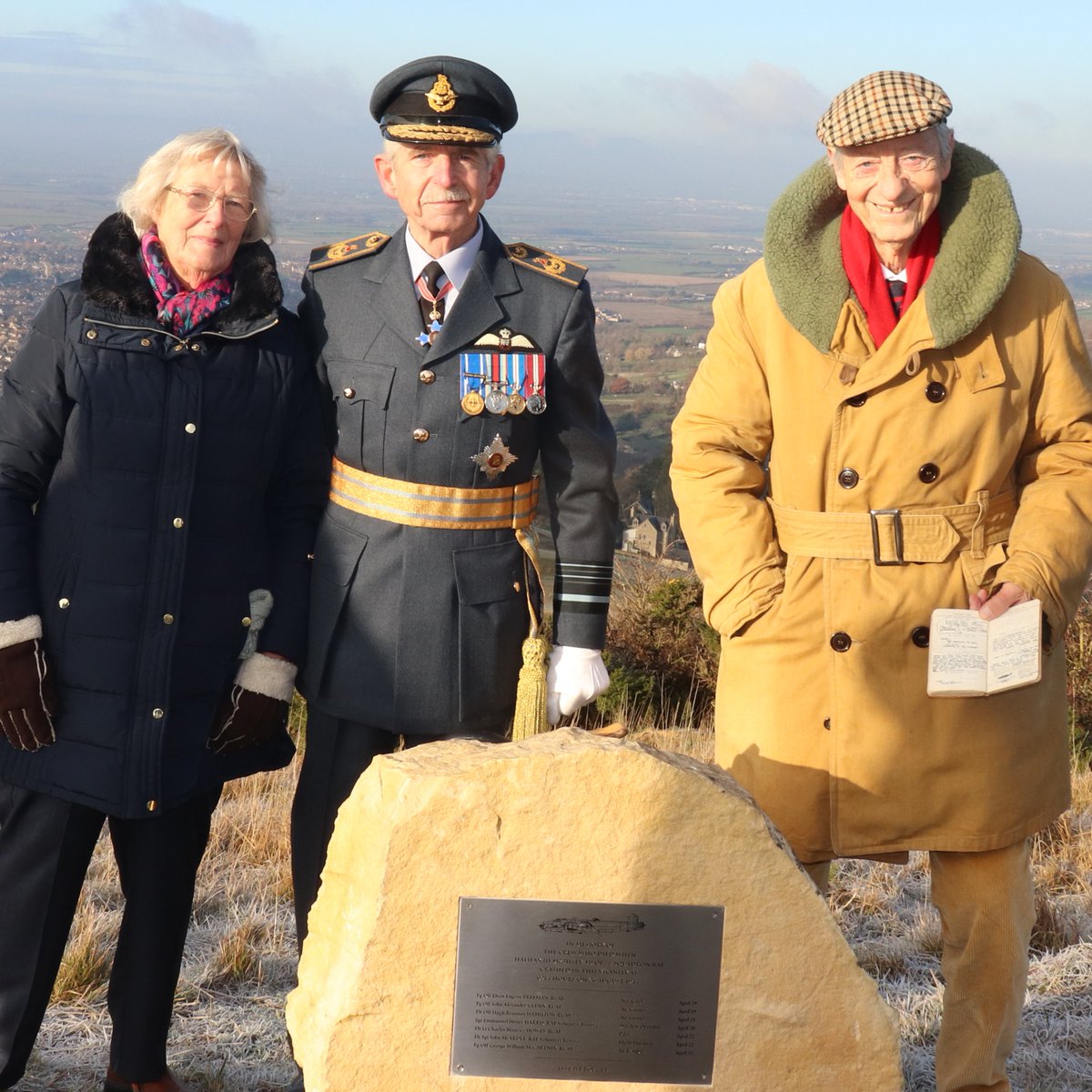 Atop Cleeve Common with Ann Dembenski and Bernard Parkin unveiling a memorial to 7 brave young men who lost their lives when their Halifax bomber crashed there on 26 Aug 44.
We will remember them.  
<a href="/highsheriffs/">High Sheriffs' Association of England and Wales</a> <a href="/CheltenhamRafa/">RAFA Cheltenham</a>