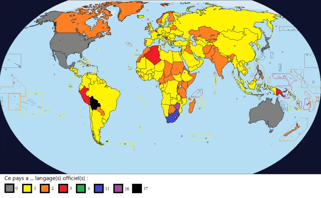 jaimelescartes's tweet photo. Nombre de langue(s) officielle(s) par pays 
#carte #cartes #langues #mapdesigner #mapsarecool #pays https://t.co/l2sMPl2fCB