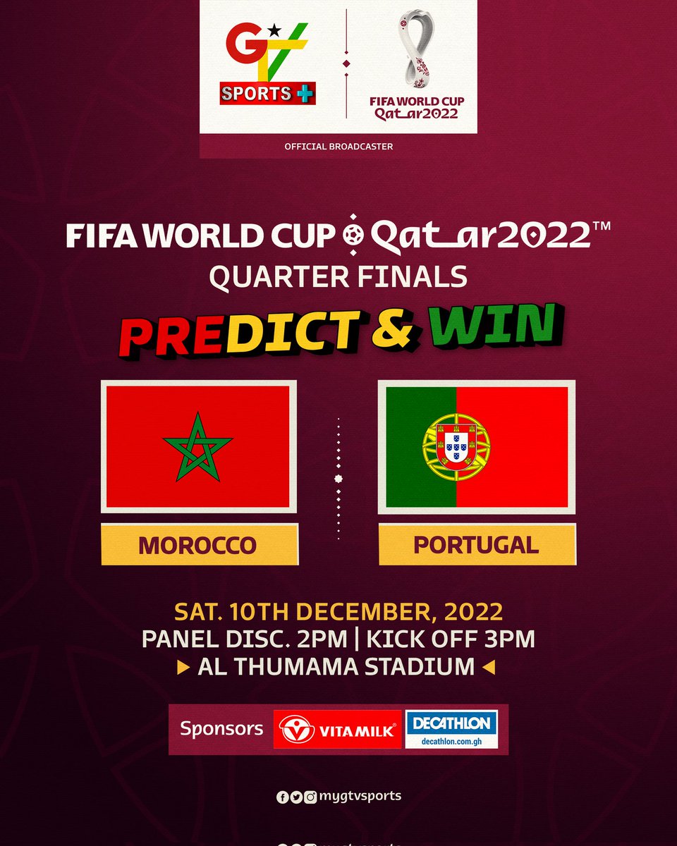 mygtvsports's tweet image. Predict the correct scoreline between Morocco and Portugal to win fantastic prizes. Winners must like, follow our Instagram page GTVSPORTS+ @mygtvsport and like the #predictandwin post on Instagram before predicting. Winners will be picked from Instagram only.
#GTVSPORTS