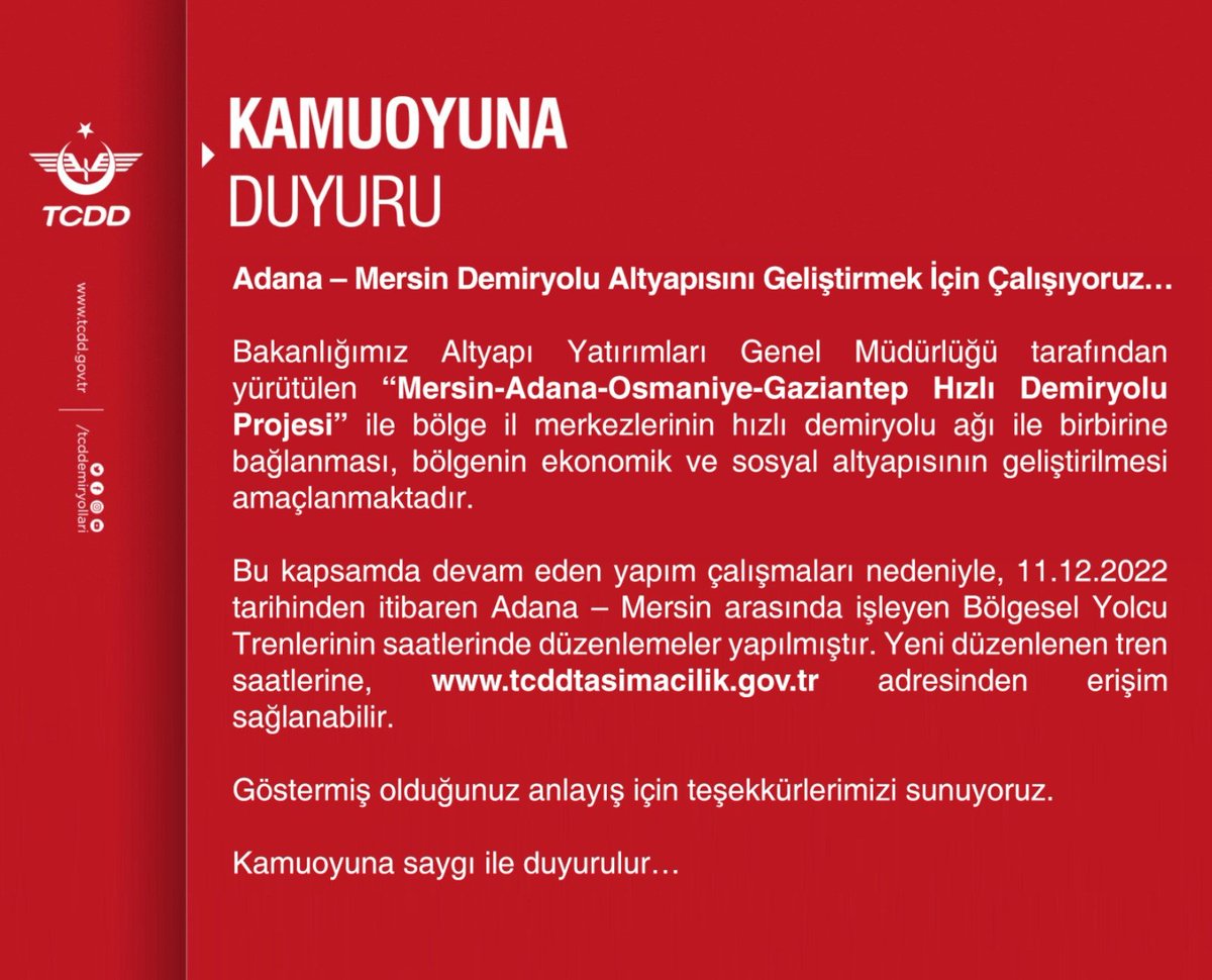 TCDDemiryollari's tweet photo. Kamuoyuna Duyuru! https://t.co/wPD1YdFkgp