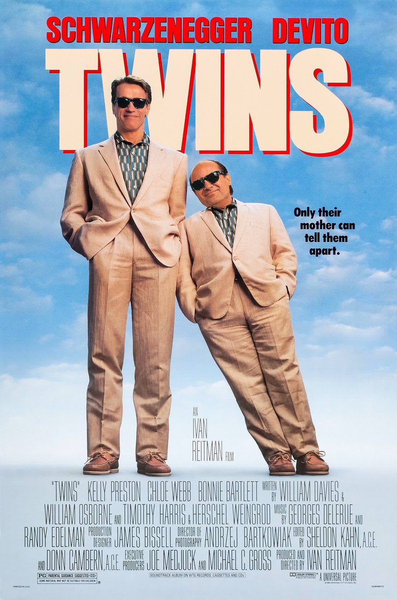 🎬MOVIE HISTORY: 34 years ago today, December 9, 1988, the movie ‘Twins’ opened in theaters!

#ArnoldSchwarzenegger #DannyDeVito #KellyPreston #ChloeWebb #BonnieBartlett #DavidCaruso #TreyWilson #MarvinJMcIntyre #MarshallBell #TonyJay #JasonReitman #CatherineReitman #IvanReitman