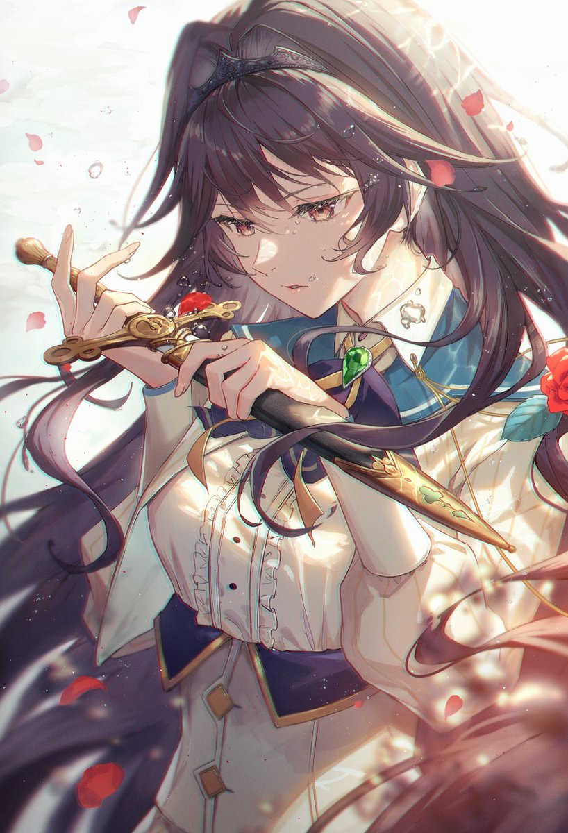 1girl long hair solo holding weapon knife petals  illustration images