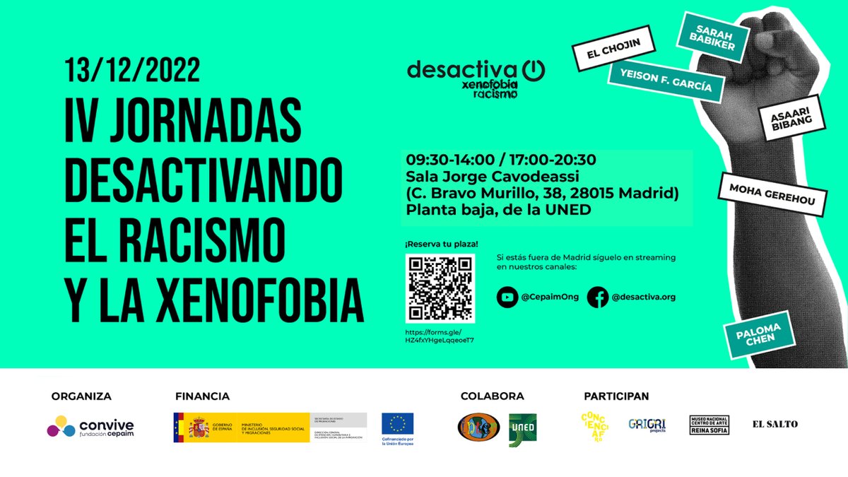 FundacionCepaim's tweet photo. En el marco del #DiaDDHH en CONVIVE Fundación Cepaim hemos organizado las IV Jornadas Desactivando el racismo y la xenofobia
📅 13 de diciembre
📍 Madrid
➕ https://t.co/s2N5SHl6tb https://t.co/8ESV3EeS4K