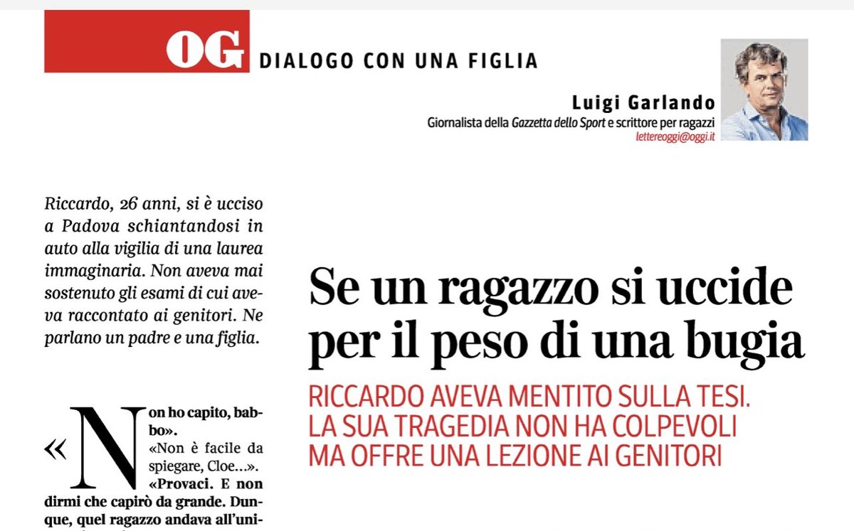 “Davanti a una tragedia del genere, Cloe, non bisogna cercare un colpevole ma una lezione”. Su #OggiSettimanale in edicola @garlando_luigi nel suo #DialogoConUnaFiglia prova a spiegare la storia di Riccardo e della sua disperata scelta.