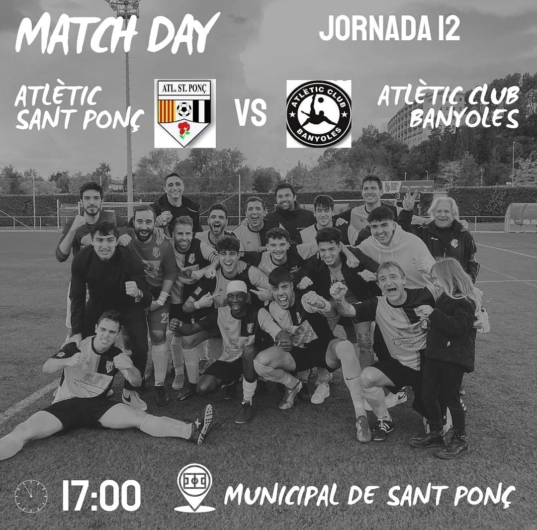 Día de partit! 

🆚 <a href="/atletic_club/">Atlètic Club Banyoles</a>
🕔 17:00
📆 Jornada 12
🏟️ Municipal de Sant Ponç

Pit i collons! 🖤🤍

#fcf #3cat18