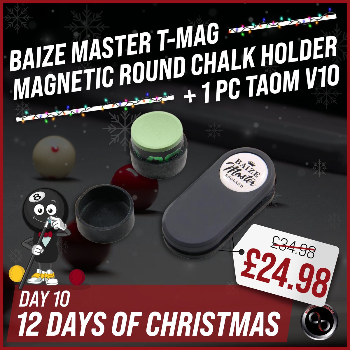It’s Day 10 of the Blackball Tables #12DaysOfChristmas event!

Check out this ingenious Baize Master T-Mag Magnetic Round Chalk Holder with 1 piece of TAOM V10 Chalk. 🧲😍

Shop here 👉 bit.ly/3UPGdTy

#12daysofxmas #blackballtables #specialoffers #pooltables