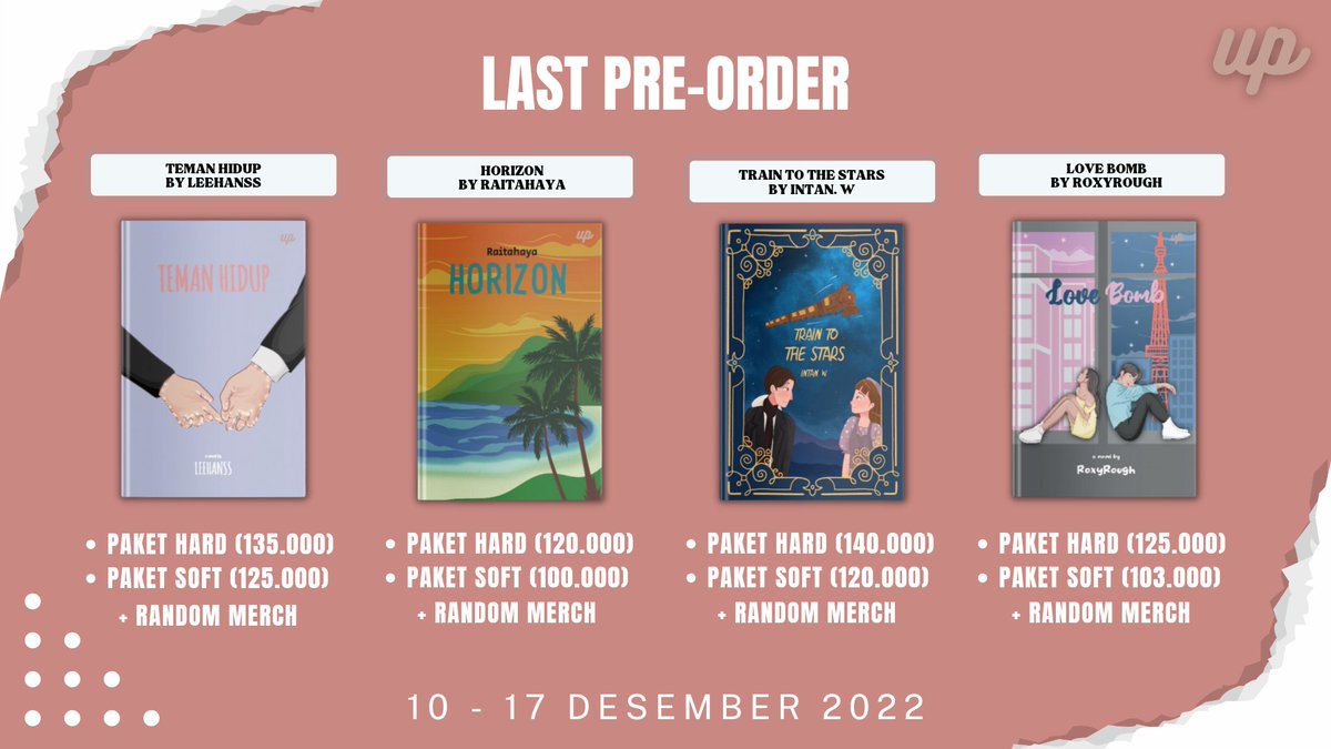 universe_publis's tweet photo. [ PO 5 AND LAST PRE-ORDER ] 

TEMAN HIDUP BY @leehansss
HORIZON BY @raitahaya
TRAIN TO THE STARS BY @kyujichm
LOVE BOMB BY @koniciiwa

Langsung PO di sini: 
https://t.co/0ZtVXzFAwt https://t.co/5isyO8paMp