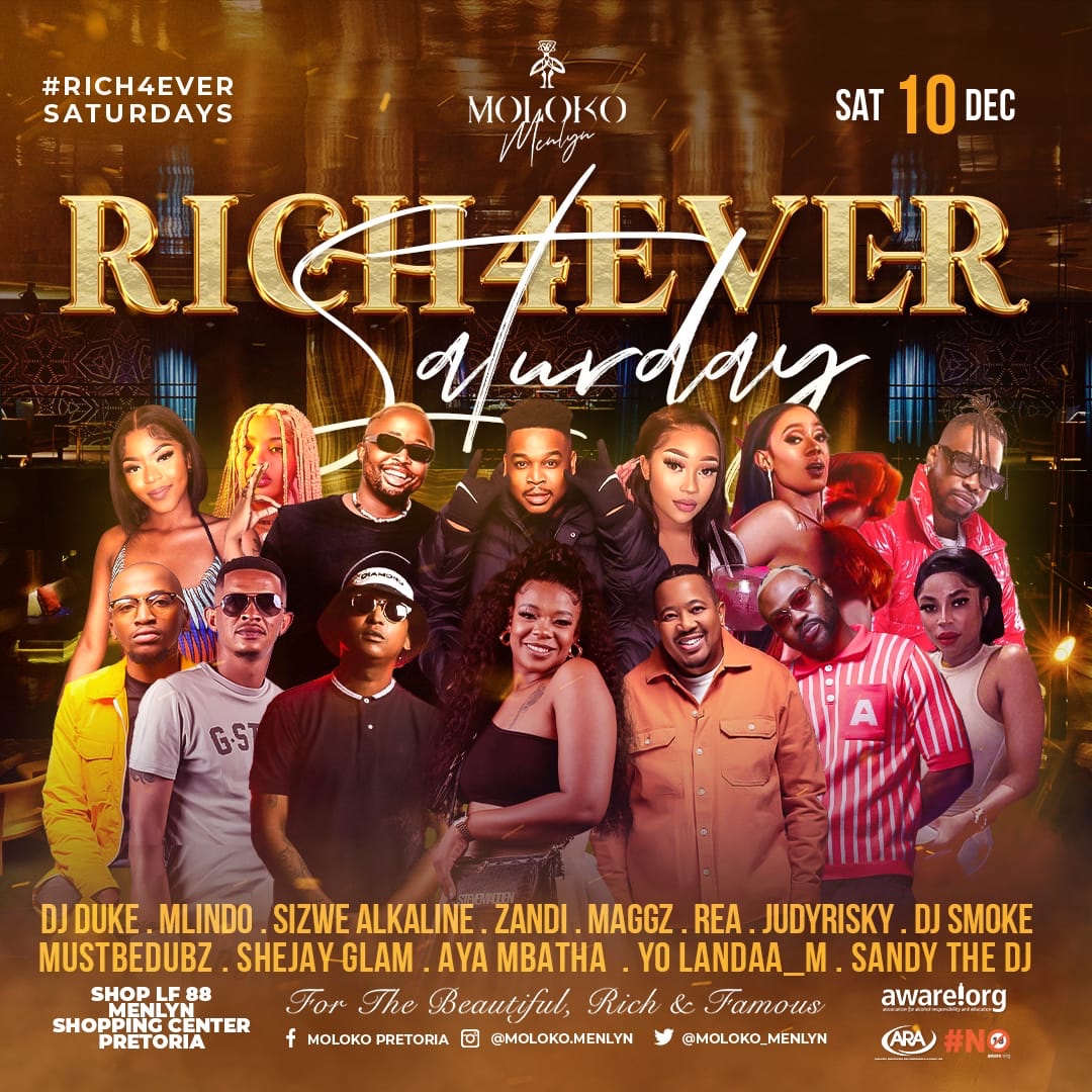 No plans, no problem #RichForEverSaturdays is here for you , let’s rock tonight bafethu 👊

<a href="/DjZanD/">Dj Zan-D</a>
<a href="/sbokhuzy/">SBOKHUZY 🇿🇦</a>
<a href="/ReasonHD/">Sizwe Alakine World</a>
<a href="/Djyeankeyz/">♣Deejay yeankeyz♣</a>
@DjRicoSA
<a href="/Maggz100/">Maggz</a>
@PoizonDj
@Shejay_glam

DOORS OPEN @ 23:00 | 

#MolokoMenlyn #MolokoLovesYou #MololoRocks #MolokoIsTheBest