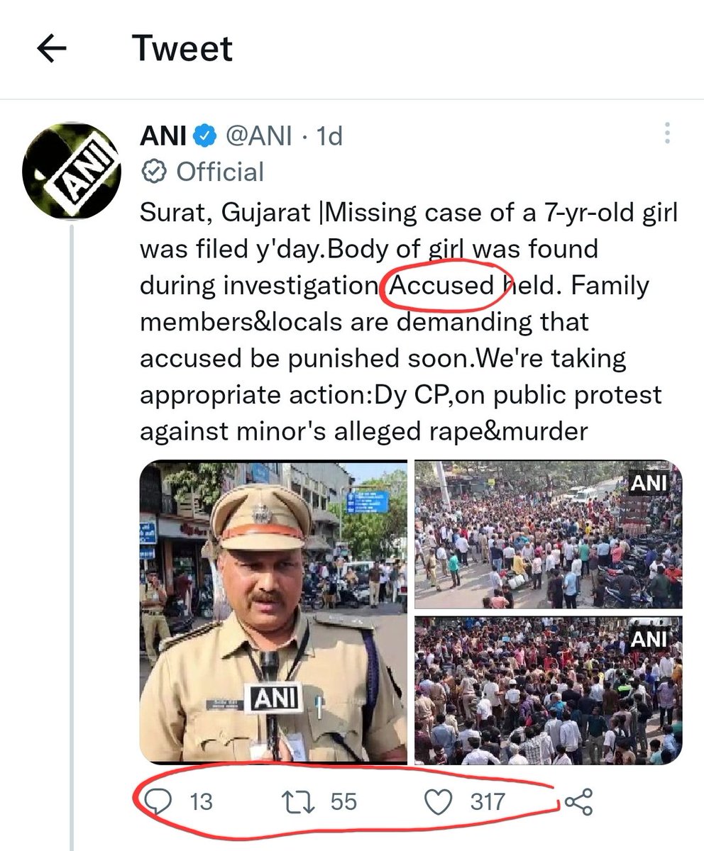 Pic 1. Accused Muslim, ANI mentions the name of the accused.
Pic 2. Accused not Muslim, ANI avoids mentioning the name of the accused.
This isn't the first time <a href="/ANI/">ANI</a> has done this. 
One more Interesting pattern, check the Retweets, quote tweets and replies to both the tweets.