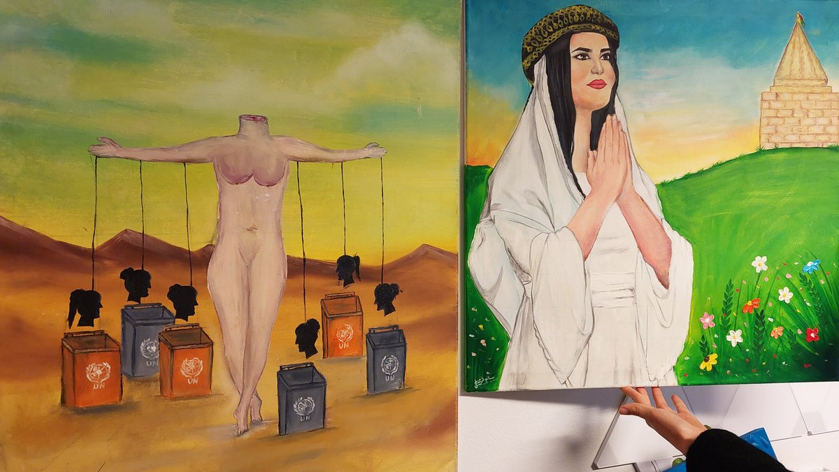 #16daysofactivism2022 culminates today, December 10, which is the #UN International #humanrightsday.
Two paintings, painted by the same #Yazidi woman, one year apart, shows, that she has reclaimed her stolen human dignity, says Danish visual artist. #dkaid
missioneast.org/en/iraq/woman-…