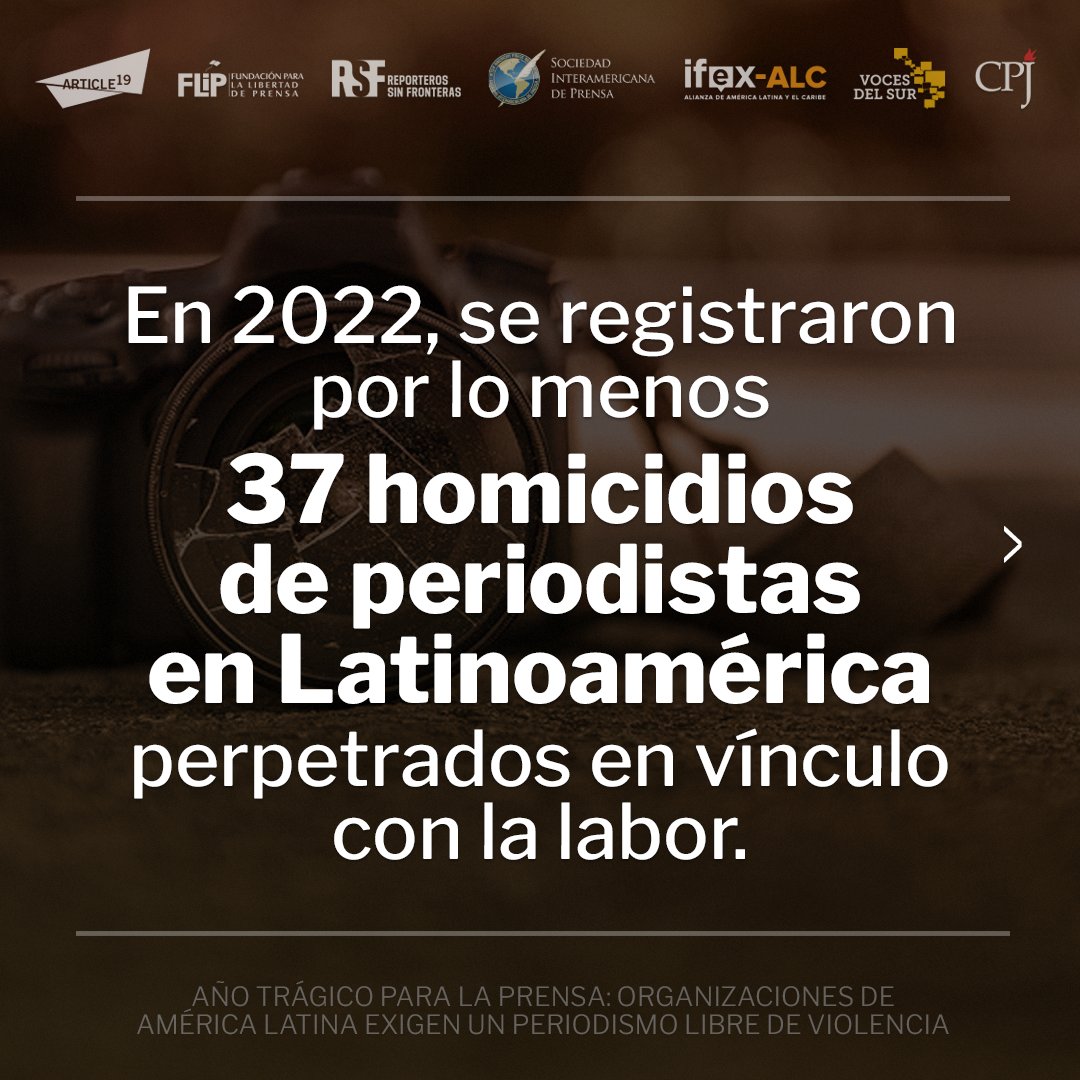 Hoy, en el Día de los Derechos Humanos, organizaciones de América Latina recordamos que 2022 es el año más violento en las últimas dos décadas para la prensa en la región:

💢37 asesinatos de periodistas en relación con su labor.

articulo19.org/ano-tragico-pa…