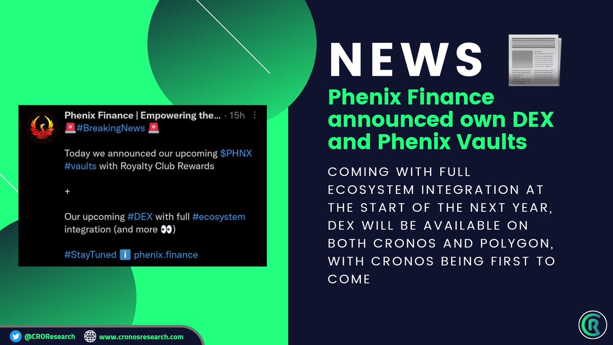 NEWS📰
@PhenixFinance announced own DEX with full ecosystem integration in the start of next year together with Phenix Vaults with Royalty Club level system

The DEX will be available with launchpads for tokens &amp; NFTs, pools and farms, vaults with royalty club integration &amp; more