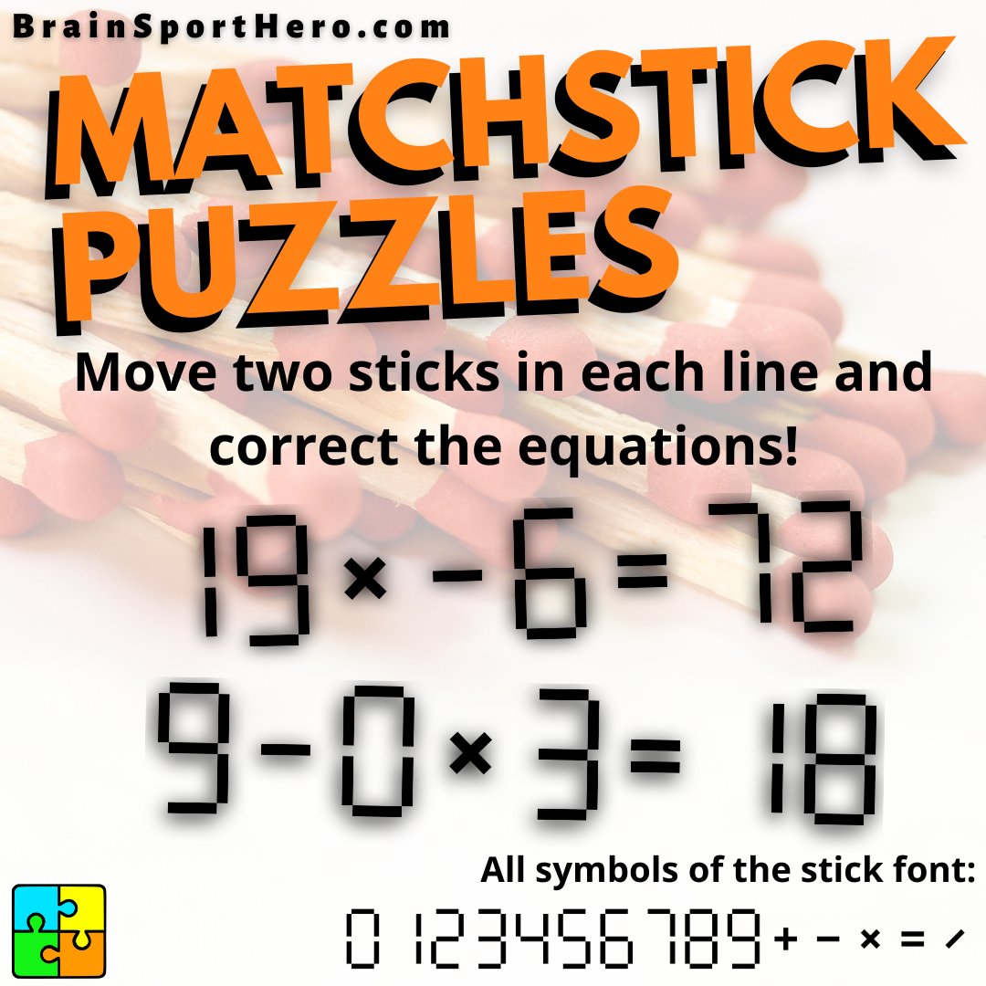 BrainSportHero's tweet photo. #Matchstick #puzzle:
Move 2 sticks in each line & correct the equations. More #exercises: https://t.co/eY7bPeBdKj
#braintraining #brainteasers #puzzles #braingames #questionschallenge
#brainteaser #screenshotsaturday #indiedev #indiegamedev
#brainpuzzles #brainpuzzle https://t.co/ofW0HrrHc6