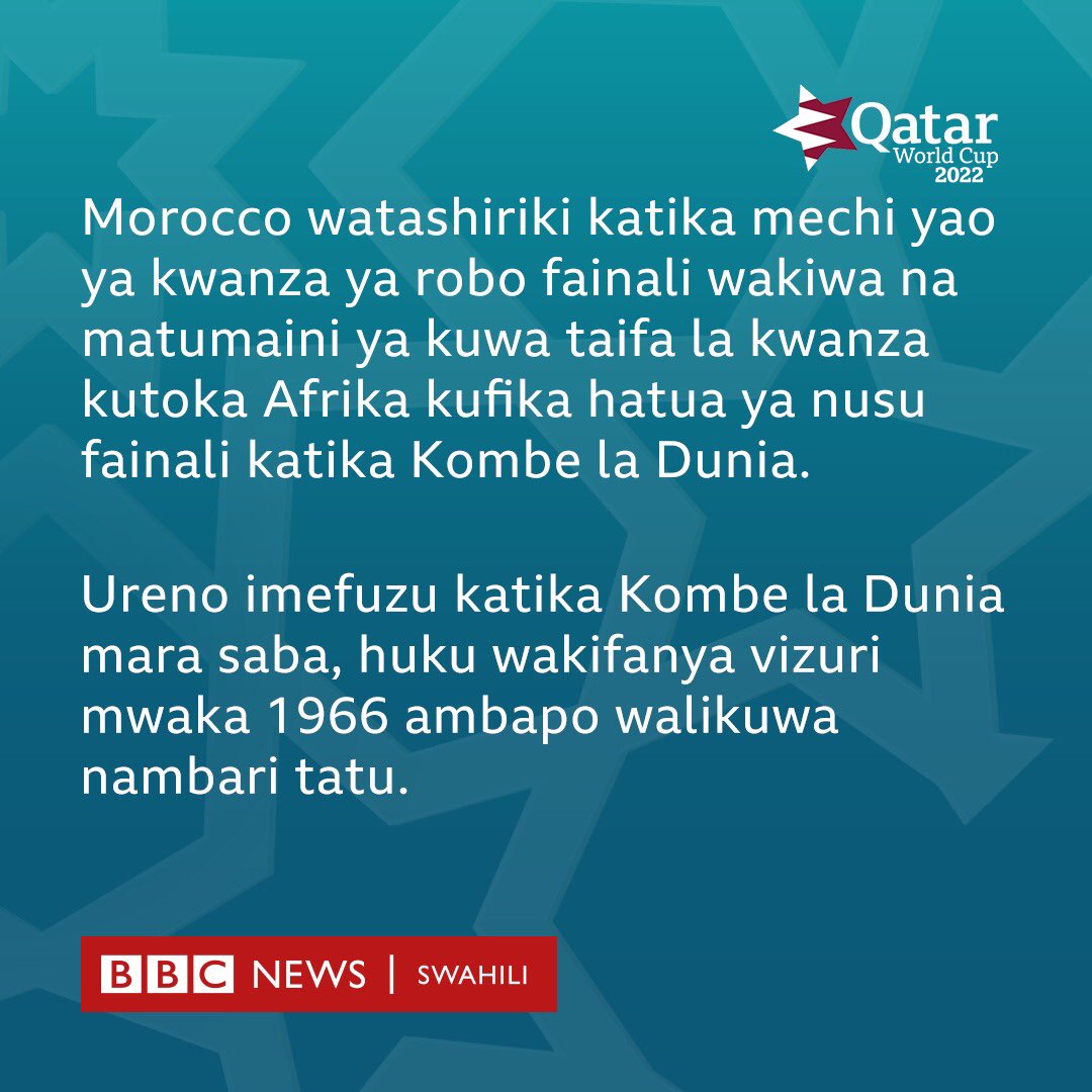 bbcswahili's tweet image. Morocco inakutana na Ureno katika hatua ya robo fainali.

#bbcswahili #qatar #ureno #morocco #soka #kombeladunia2022 #qatar2022