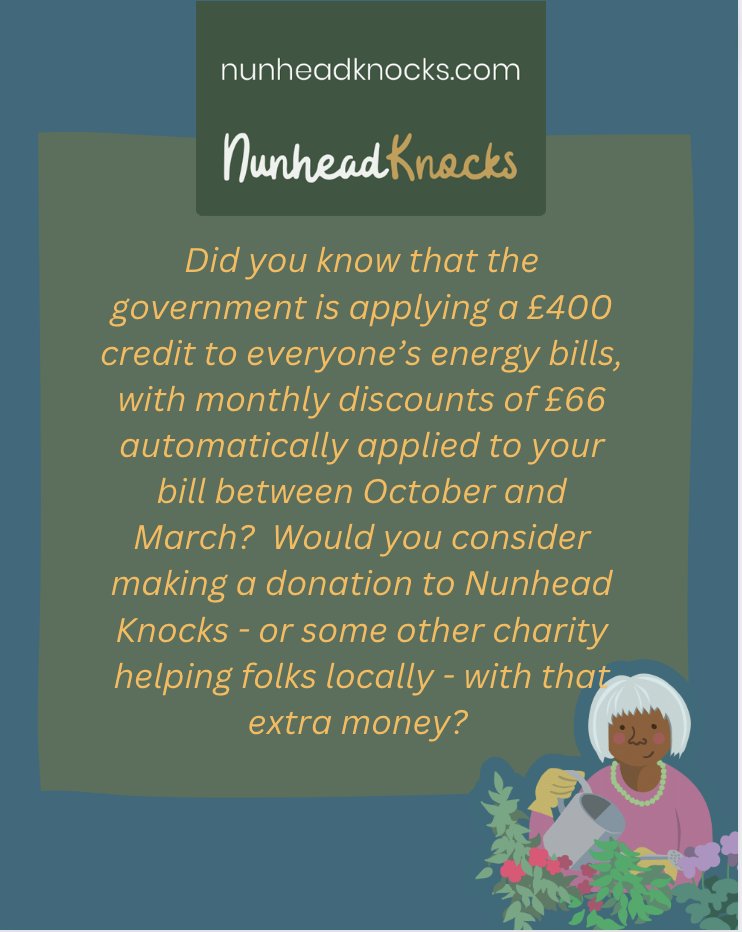 Did you know that you're getting a credit to your energy bills, with monthly discounts of £66 automatically applied to your bill between October and March? Consider supporting those who need help to heat their homes with that extra cash: tinyurl.com/5n7u5vjv