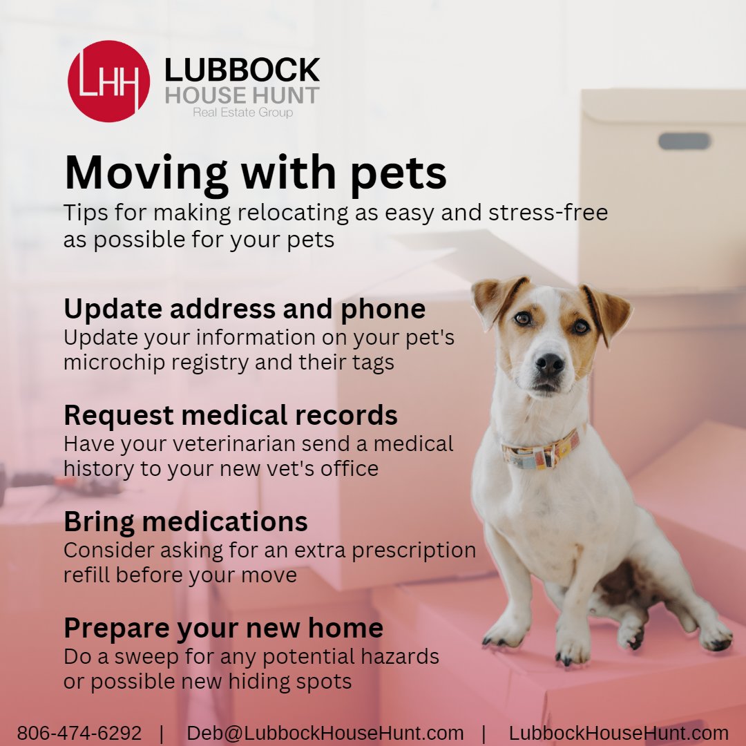DebScottREALTOR's tweet photo. Moving to a new home doesn’t have to be stressful for your pets. Here are some tips for making relocating as easy and stress-free as possible for your pets.

#deblubbockhousehunt #lubbockhousehunt #homebuyingtips #homebuyinggoals #homebuyingadvice #movingwithpets #petfriendly https://t.co/RqEkkfeNwT