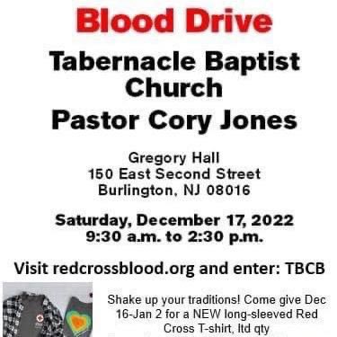 The last TBC Blood Drive of 2022 will be held Saturday December 17th 9:30 to 2:30 pm at TBC. Go to RedCrossBlood.org and enter: TBCB to schedule an appointment. Donors will receive a long sleeve Red Cross T-shirt and a $20 Amazon gift card (Mask required at the blood drive)