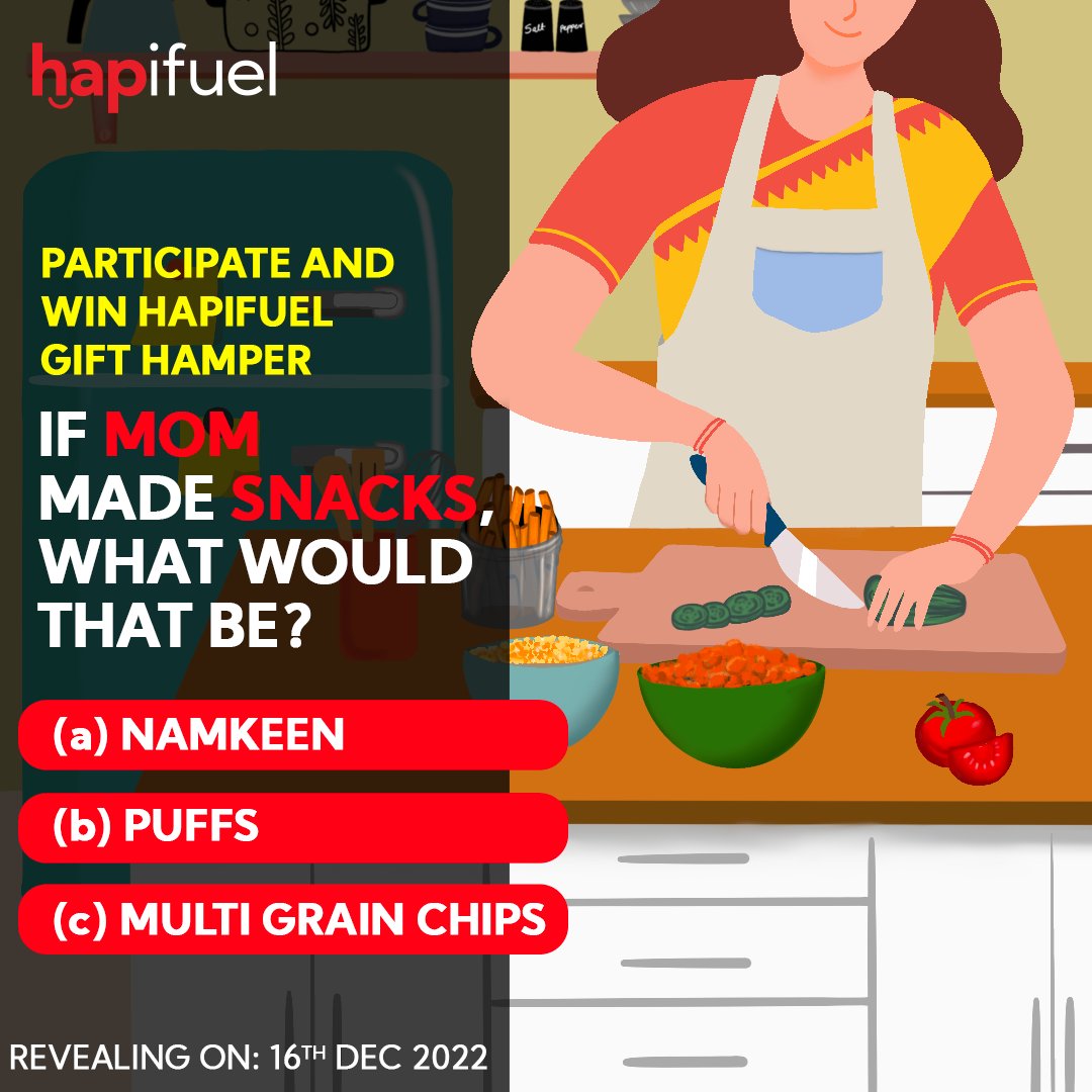 Hapifuel_Ent's tweet photo. Any guesses? If mom made snacks, what it would be? Pick one and get a chance to win a Hapifuel gift hamper! New healthy snacks alter. Revealing on 16th December. Stay Tuned!😍😍😍

#Hapifuel #contestalert #contestalertindia #contestindia #Giveaway #Content #nutrition #healthyfood https://t.co/fQezkPKCme