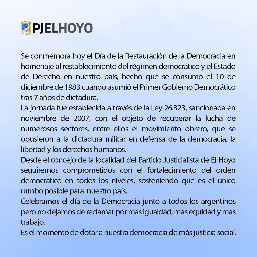 PJElHoyo's tweet photo. Conmemoramos hoy el día de la restauración de la democracia.

#PJ #PJElHoyo #Democracia #10DeDiciembre #DemocraciaParaSiempre https://t.co/lLfmBTvwQ2