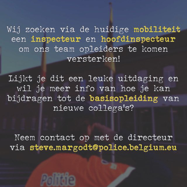 Wij zijn via de huidige mobiliteit op zoek naar een inspecteur en een hoofdinspecteur om ons team te versterken. 

Je wordt ingezet als opleider met een divers takenpakket: planning, begeleiding, lesgeven, acties begeleiden, pedagogisch beleid, projectwerking, …