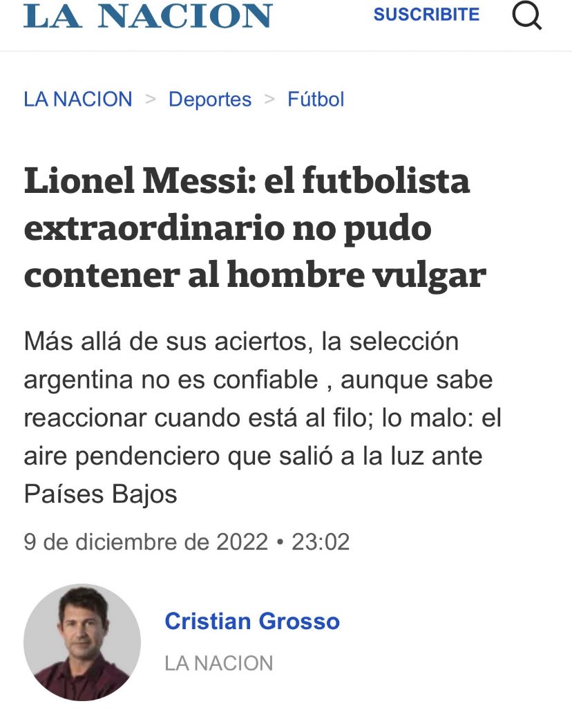 Sentime <a href="/crgrosso/">Cristian Grosso</a>, ese pedestal de superioridad moral desde el que escribís solo le puede parecer celebratorio al núcleo duro de indignados con la vida de La Nación, para la mayoría de nosotros sos más triste que una canción de Radiohead.
