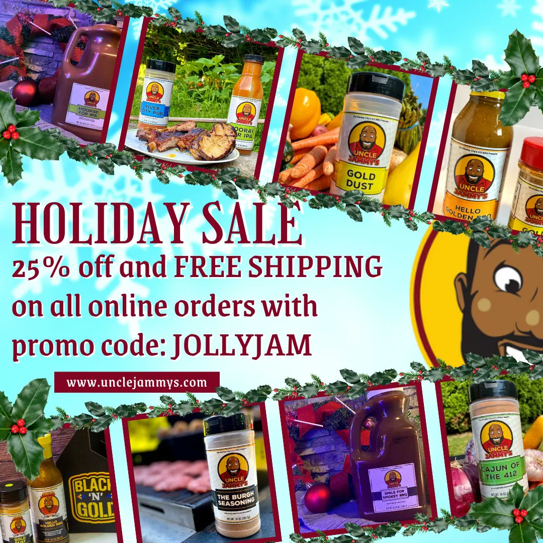 Happy Holidays from Uncle Jammy's . Get 25% off and FREE Shipping with promo code: JOLLYJAM
.
.
.
 #bbqsaucelover #bbqsauces #bbqsauce #pittsburghproducts #seasonings #rubs #unclejammys #pabbqchef #rubsandsauces #barbequesauces #pittsburghbbq #pittsburghfoodies #holidaydeals